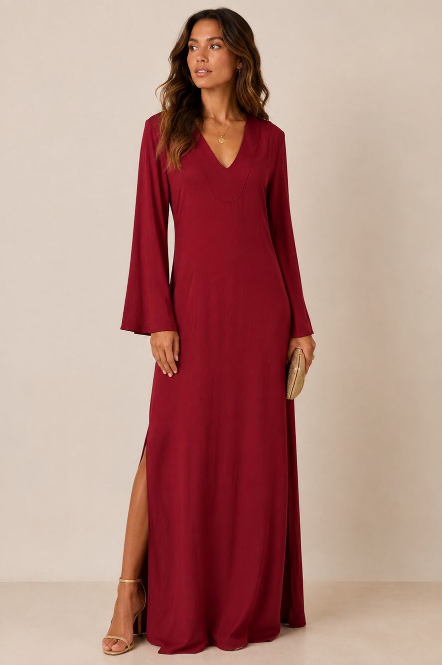 TYSA Burgundy Rayon Maxi Dress Bell Sleeve Side Slit USA NWT Size 1 Small